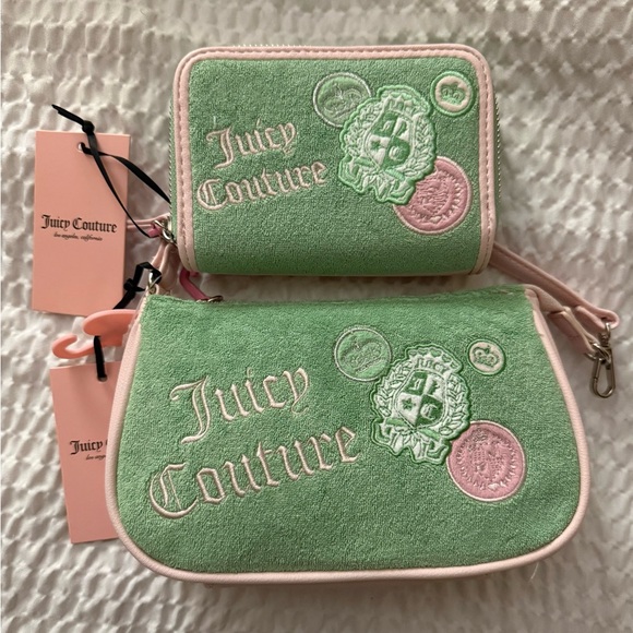 Juicy Couture Handbags - Juicy Couture Green and Pink Embroidered small shoulder bag & Zip Wallet Set